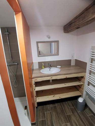 une salle de bain avec un lavabo et un miroir dans l'établissement Fermette Brionnaise, à Saint-Laurent-en-Brionnais