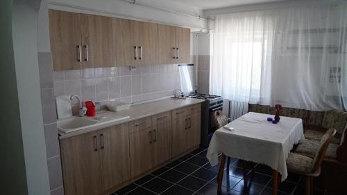 a kitchen with a table and a sink and a stove at Apart Portul Turistic in Mangalia