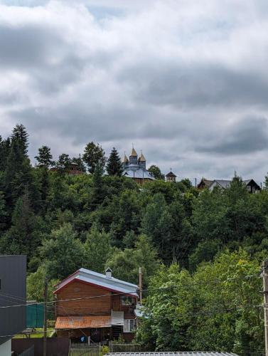 a building on top of a hill with trees at Едем in Skhidnitsa