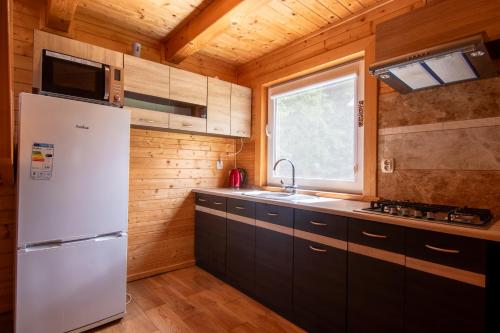 a kitchen with a white refrigerator and a window at Agroturystyka Katarzyna Tarasiewicz in Stary Folwark