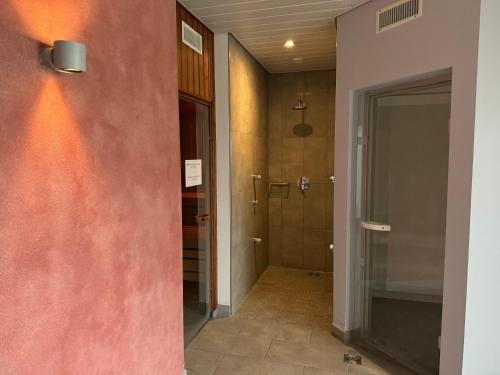 a hallway with a walk in shower and a door at Studio Blitzingen, Castle B1 in Blitzingen