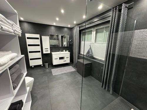 a bathroom with a shower and a toilet and a sink at Five Stars Living Whirlpool & Infrarotsauna in Hövelhof