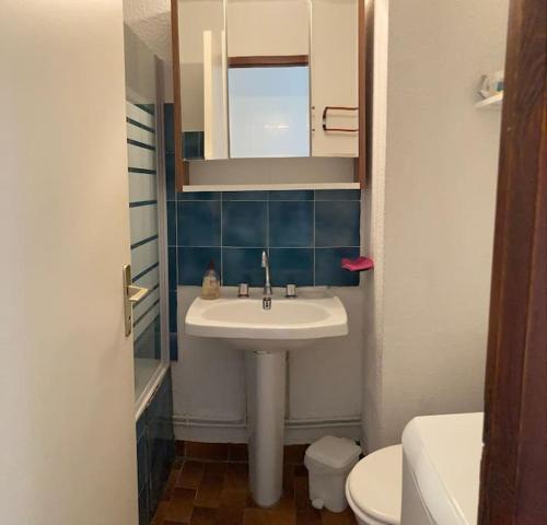 une salle de bain avec un lavabo, des toilettes et un miroir dans l'établissement Apt T2 bis, Relax en front de mer, piscine à Port Leucate, à Leucate