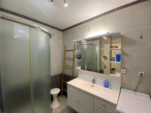 une salle de bain avec une douche, un lavabo et des toilettes dans l'établissement Appartement Idéal : Proche Port, Plages et Centre, Wifi, Parking, Balcon - FR-1-413-97, à Capbreton