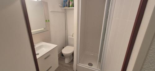 une petite salle de bain avec toilettes et lavabo dans l'établissement Joli studio cosy design , 4 pers, parking, à La Grande Motte