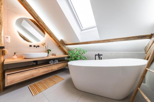 a bathroom with a large tub and a skylight at Apartmány Marienhof in Znojmo