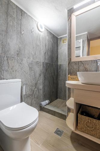 a bathroom with a toilet and a sink and a shower at Rizes House in Zarós
