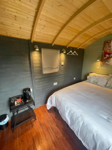 a bedroom with a large bed and a tv at Jackdaws Shepherds Hut in Epwell