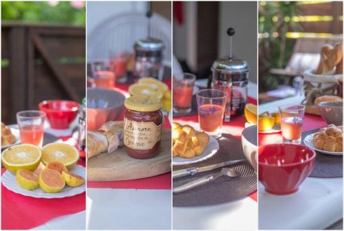 four different pictures of a table with food and drinks at Cabanon en bord de plage, Anse Figuier in Rivière-Pilote