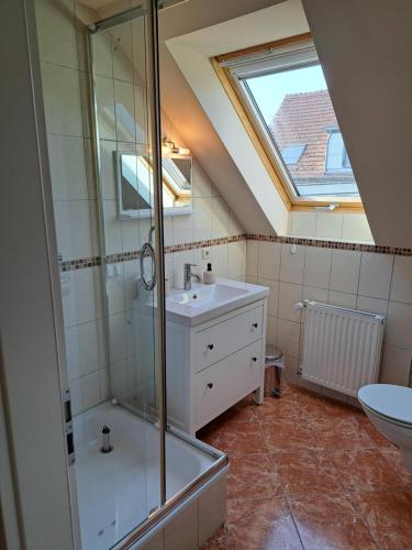 a bathroom with a sink and a glass shower at Kleine Auszeit Körzin in Beelitz
