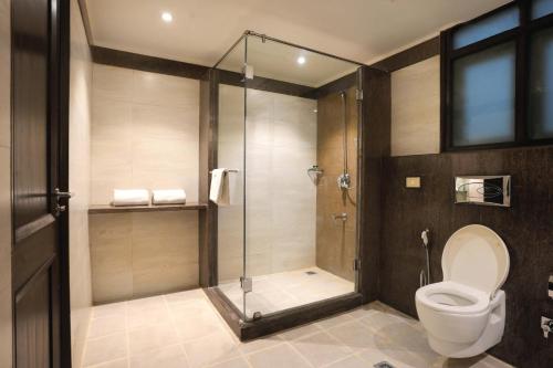 a bathroom with a shower stall and a toilet at Leisure Inn Grand Chanakya in Jaipur