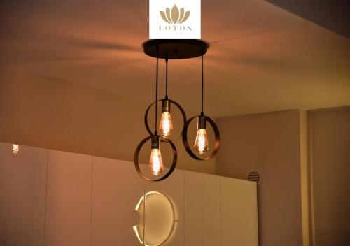 a chandelier with three lights hanging from a ceiling at Lotos Apartments in Kruševac