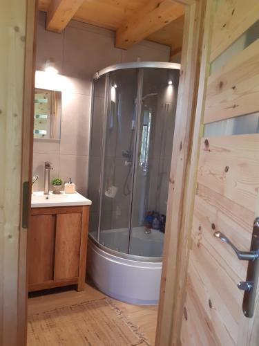 a bathroom with a shower and a sink at Chatka nad Stawami in Bierdzież