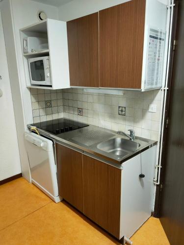une petite cuisine avec un évier et un micro-ondes dans l'établissement Le Haut Fleury - P15, à Taninges