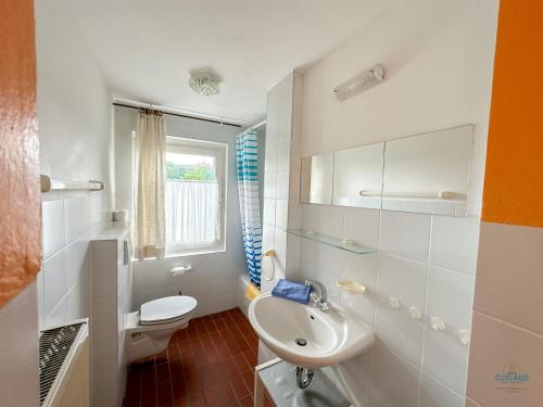 a white bathroom with a toilet and a sink at Landhaus Stolper Wohnung 2 in Herzberg am Harz