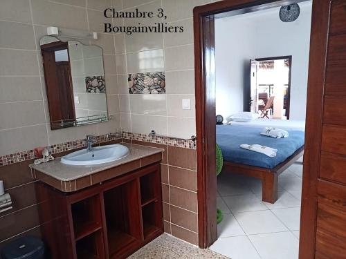 a bathroom with a sink and a bed and a mirror at Ô Bleu Azur in Antsatrakolo