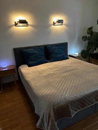 a bedroom with a bed with blue pillows and two lights at Penthouse-Wohnung mit Flussblick in Oldenburg