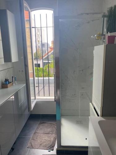 La salle de bains est pourvue d'une douche en verre et d'une fenêtre. dans l'établissement Charmante maison au calme, à Colombes