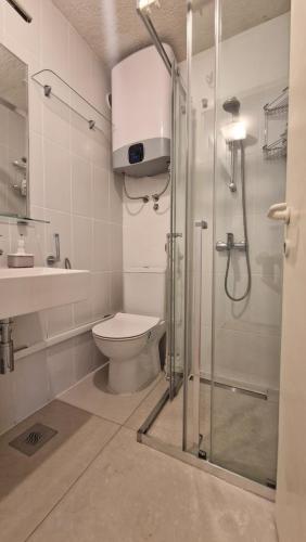 a bathroom with a toilet and a glass shower at Guest House Cittadella rooms in Dubrovnik