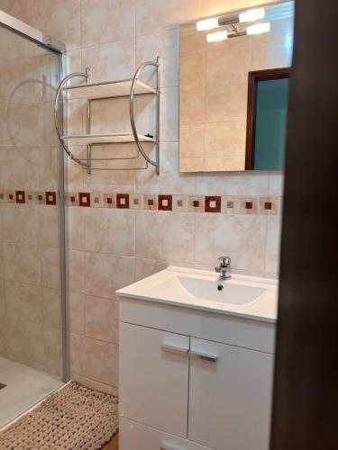 a bathroom with a sink and a mirror and a shower at Quinta dos Viegas in Faro