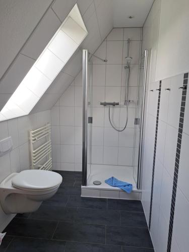 a bathroom with a shower and a toilet at Pension Sturmmöwe in Norddorf