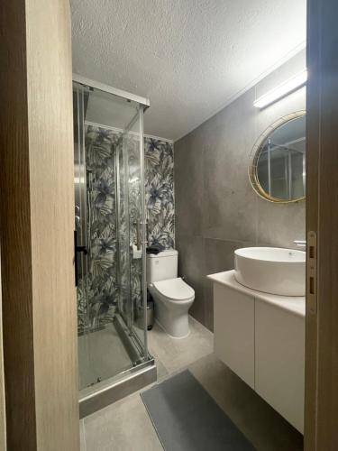 a bathroom with a shower and a toilet and a sink at Karamelas Vacation House in Nea Kalikratia