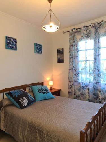 une chambre avec un lit avec des oreillers bleus et une fenêtre dans l'établissement La Villa St Antoine, à LʼIsle-sur-la-Sorgue