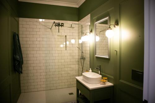a green bathroom with a sink and a shower at Stara Szkola - Wielki Medromierz 59 in Wielki Modromierz