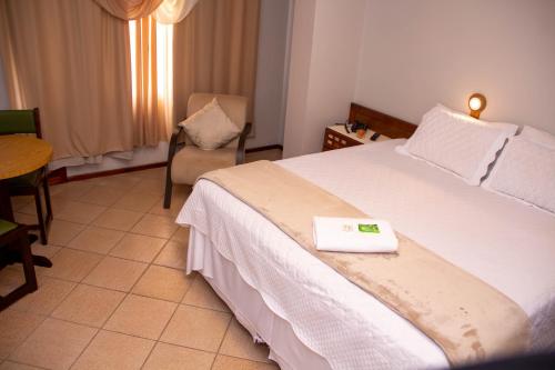 a hotel room with a bed and a chair at HOTEL DOMHOF in Blumenau
