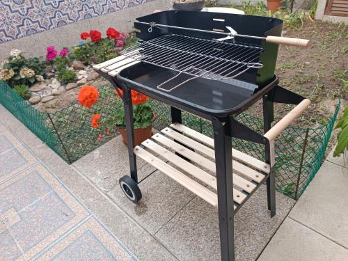 a barbecue grill sitting on a sidewalk next to flowers at Casa da Mimosa, a 100 metros da praia de Vila Chã in Vila Chã