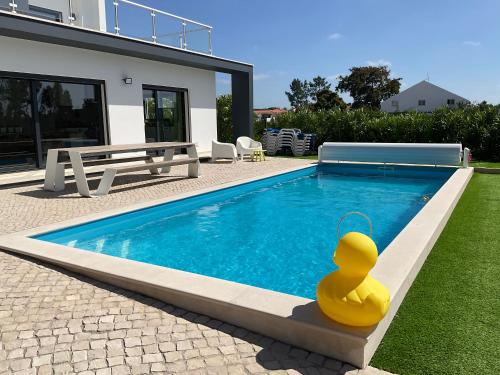 a rubber duck is sitting next to a swimming pool at Villa 33 Silver Coast in Nadadouro