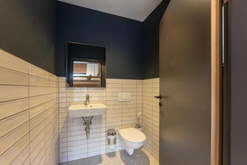 a bathroom with a toilet and a sink at Appartements Erzherzog Johann in Schladming