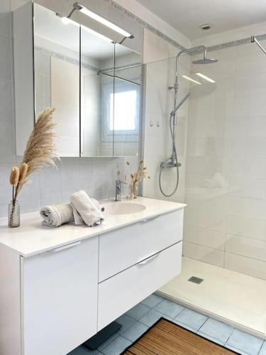 une salle de bain blanche avec un lavabo et une douche dans l'établissement Proche Plage - T3 Denerval, à La Pironnière
