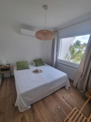 une chambre avec un lit blanc et une grande fenêtre dans l'établissement Rossignol, à Saint-Peïre-sur-Mer