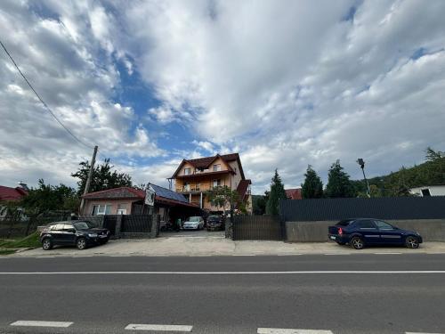 a house with cars parked on the side of a street at Pensiunea Patricia in Oeşti-Pămînteni