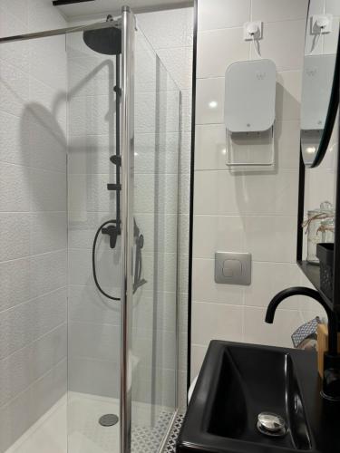 une salle de bain avec une douche en verre avec un lavabo dans l'établissement La Bonne Alt 303m, à Céret