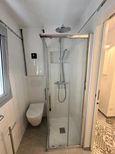 une cabine de douche dans une salle de bain avec toilettes dans l'établissement Superbe studio climatisé sur le port de Hyeres, à Hyères