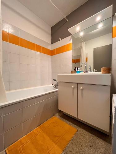 une salle de bain avec un lavabo, une baignoire et un miroir dans l'établissement Appartement T2 Avignon proche remparts BALCON et PARKING, à Avignon