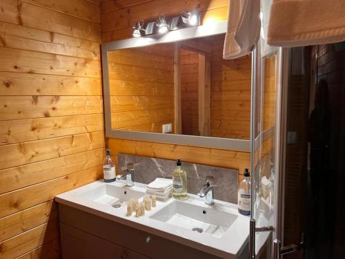 une salle de bain avec un lavabo et un miroir dans l'établissement Chalet près de la rivière, à Urzy
