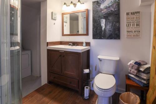 a bathroom with a toilet and a sink and a mirror at Pool-Table-Hot Tub-Fire Pit in Glasgow