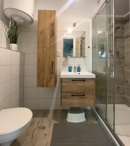 a bathroom with a toilet sink and a shower at Apartamenty Przy Wydmie in Rowy