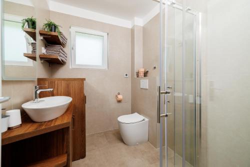 a bathroom with a toilet and a sink and a shower at Apartmani Viktorija in Jadranovo