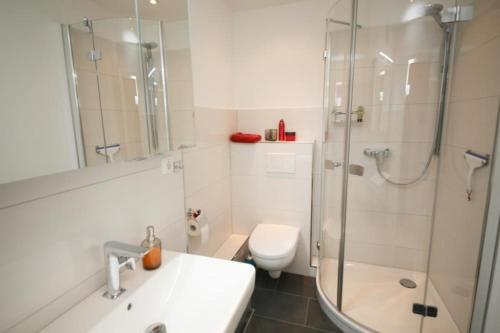 a bathroom with a shower and a sink and a toilet at Ferienwohnung Meeresstrand in Haffkrug