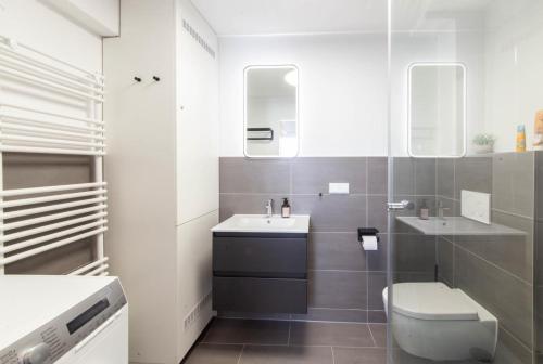 a bathroom with a toilet and a sink and mirrors at Ferienhaus Das Kleine Strandhaus Scharbeutz in Scharbeutz