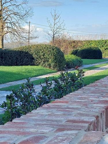 a stone walkway in a garden with grass and bushes at Landhuis Eikenburg in Ypres