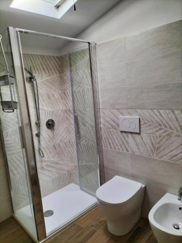 a bathroom with a shower and a toilet and a sink at Piazza Varese in Valentano