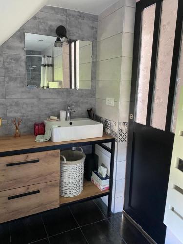 a bathroom with a sink and a mirror at Une parenthèse fleurie in La Heunière