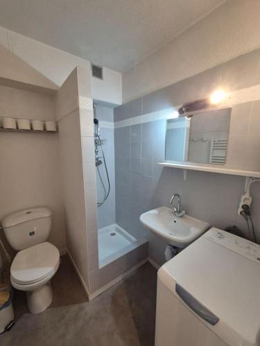 une salle de bain avec toilettes, douche et lavabo dans l'établissement Le Cosy-Morzine, Multipass Provider !, à Morzine