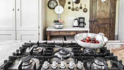 a kitchen with a stove with a bowl of tomatoes on it at Villa Il Colto in Terranuova Bracciolini
