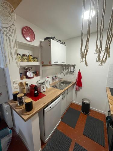 une petite cuisine avec un comptoir et un évier dans l'établissement T2 La Ciotat appartement vieux port, à La Ciotat